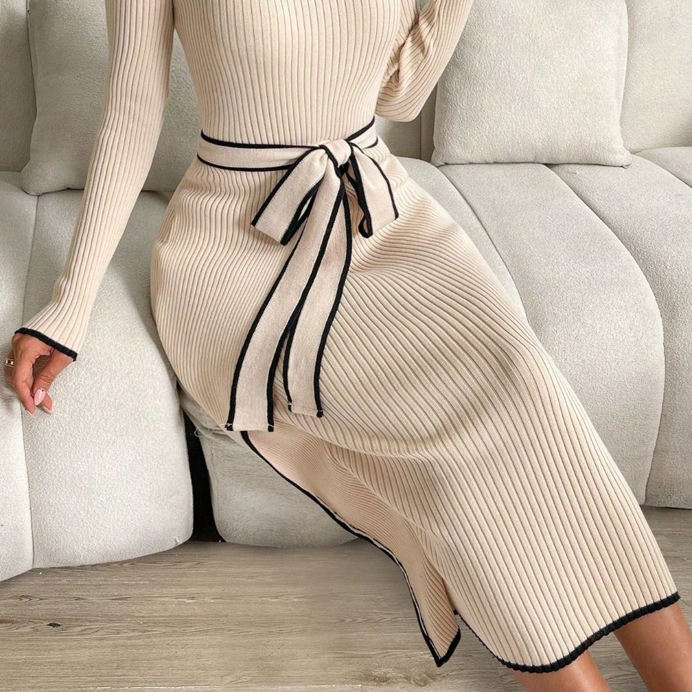 PASSION Contrast Binding Turtleneck Belted Sweater Dress - Picture 6 of 15